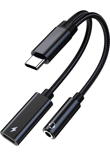 Tip C - 3,5 mm Kulaklık ve Şarj Adaptörü, 2'si 1 Arada USB C - Aux Ses Jakı Yüksek Çözünürlüklü Dac ve Hızlı Şarj Kablosu (Siyah) (Yurt Dışından)