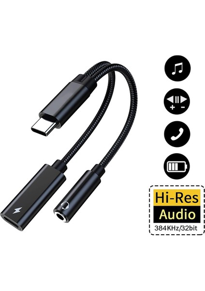 Tip C - 3,5 mm Kulaklık ve Şarj Adaptörü, 2'si 1 Arada USB C - Aux Ses Jakı Yüksek Çözünürlüklü Dac ve Hızlı Şarj Kablosu (Siyah) (Yurt Dışından)