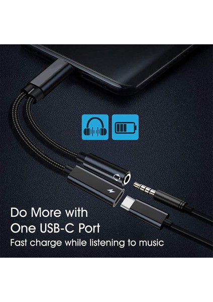 Tip C - 3,5 mm Kulaklık ve Şarj Adaptörü, 2'si 1 Arada USB C - Aux Ses Jakı Yüksek Çözünürlüklü Dac ve Hızlı Şarj Kablosu (Siyah) (Yurt Dışından)