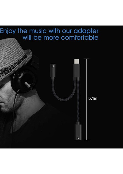 Tip C - 3,5 mm Kulaklık ve Şarj Adaptörü, 2'si 1 Arada USB C - Aux Ses Jakı Yüksek Çözünürlüklü Dac ve Hızlı Şarj Kablosu (Siyah) (Yurt Dışından)