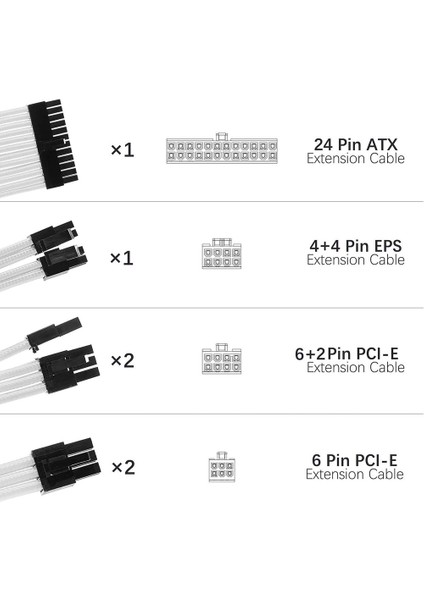 Kılıflı Kablolar, Güç Kaynağı Için Psu Uzatma Kablosu Kiti, Taraklı Fiber Örgülü Atx Eps Pcı-E Kablosu, 30CM (Beyaz) (Yurt Dışından) fiyatları