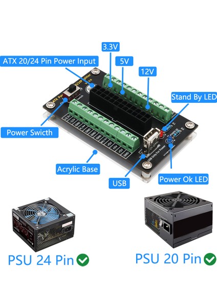 USB 5V Bağlantı Noktalı ve Akrilik Tabanlı Atx 24/20 Pin Güç Kaynağı Kesme Kartı Modülü (Yurt Dışından)