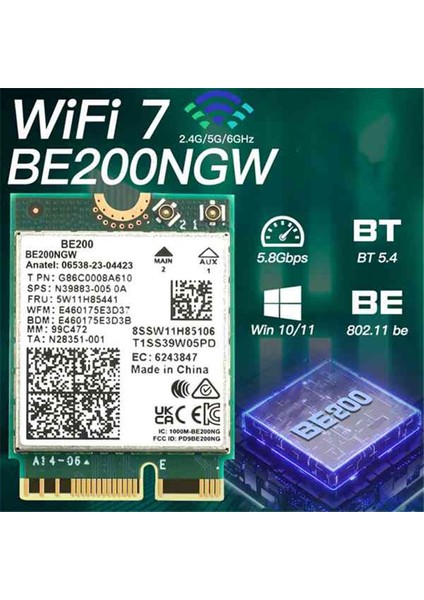 Wıfı 7 BE200 BE200NGW Wifi Kartı Bt 5.4 802.11AX Tri-Band M.2 Ngff WIN10/11 Için Kablosuz Ağ Adaptörü (Yurt Dışından)