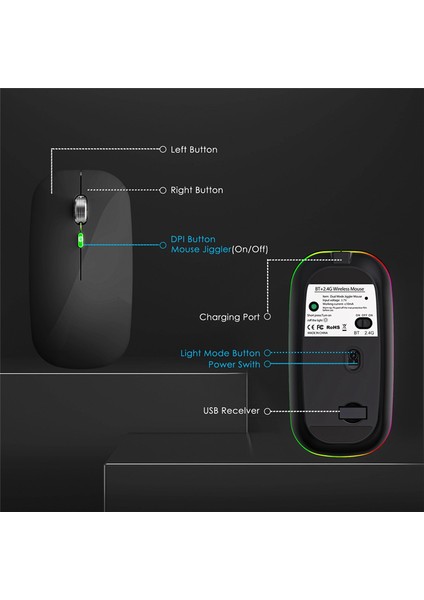 Bt5.1+2.4ghz Fare Jiggler'lı Kablosuz Fare, Şarj Edilebilir 2.4g Fare, USB Özellikli Bilgisayar Için Fare Taşıyıcı, Siyah (Yurt Dışından) indirimleri