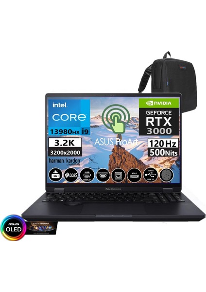 Proart Studiobook Pro 16 OLED Intel I9-13980HX 32GB Ddr5 Ram  4tb SSD Freedos 16 Inç 0.2ms 3.2k Dokunamtik 8GB/RTX3000 Taşınabilir Bilgisayar W7604J3D-MY00308+WEBLEGELSINÇANTA