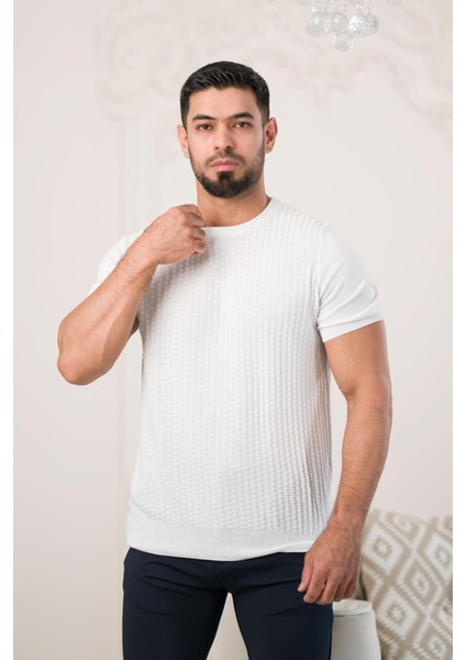 Bisiklet Yaka Desenli Modal Kumaş Likralı Regular Fit Triko T-Shirt modelleri