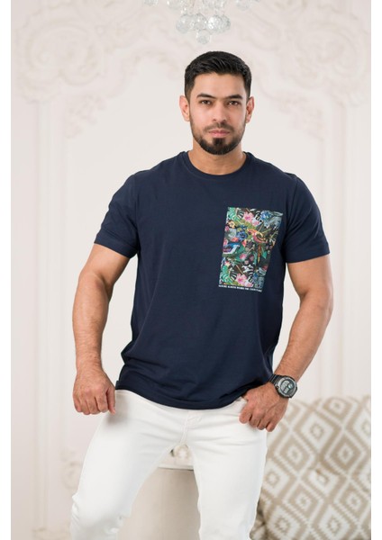 Bisiklet Yaka Önü Baskılı Pamuklu Likralı Basic Regular Fit T-Shirt modelleri