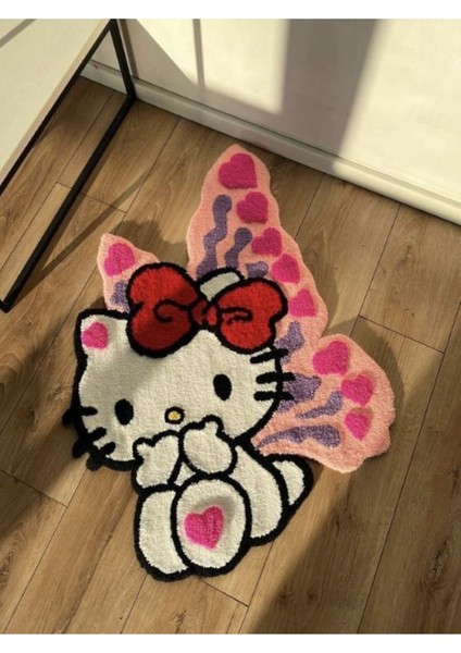 Jüt Hello Kitty Pembe Kanatlı Kilim Asimetrik Soyut Dot Tufting Antialerjik Orta (6 - 12 Mm) Pembe