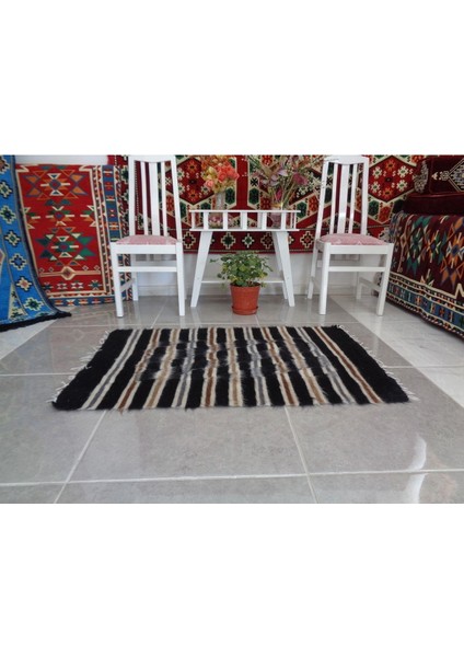 Retro Keçi Kılından Dokunmuş, Enfes Siirt Kilimi, Siyah-Kahve-Gri Renkli Dekoratif Kilim 125X75 Her