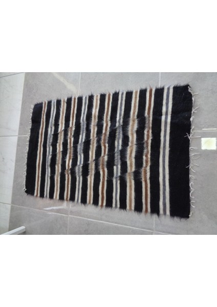 Retro Keçi Kılından Dokunmuş, Enfes Siirt Kilimi, Siyah-Kahve-Gri Renkli Dekoratif Kilim 125X75 Her