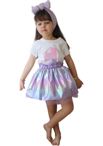 Kız Çocuk Tişörtü Dondurma Desenli Fosfor Renk Tüllü Etekli Takım modelleri