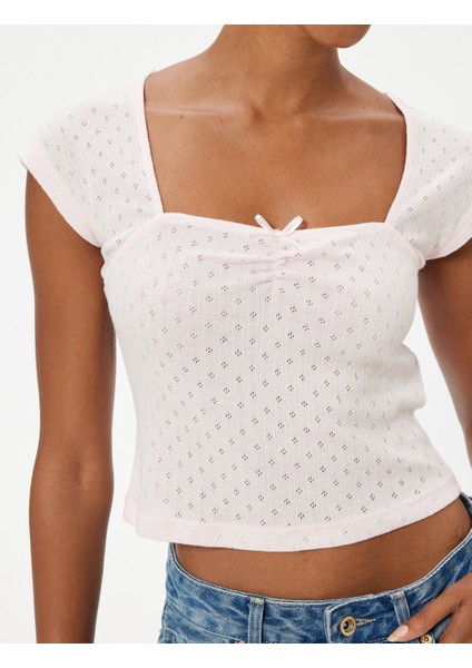Kap Kol Tişört Fiyonk Detaylı Kare Yaka Slim Fit indirimleri