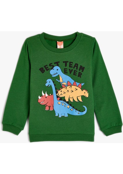 Dinozorlu Sweat Uzun Kollu Bisiklet Yaka Şardonlu Pamuklu