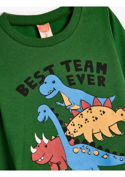 Dinozorlu Sweat Uzun Kollu Bisiklet Yaka Şardonlu Pamuklu