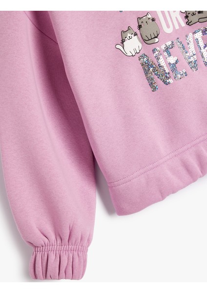 Kapşonlu Sweatshirt Kedi Baskılı Uzun Kollu Pullu Payetli