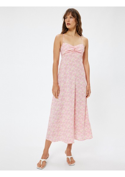Keten Karışımlı Midi Boy Çiçekli Askılı Elbise Slim Fit Drape Detaylı