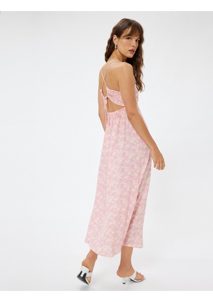 Keten Karışımlı Midi Boy Çiçekli Askılı Elbise Slim Fit Drape Detaylı