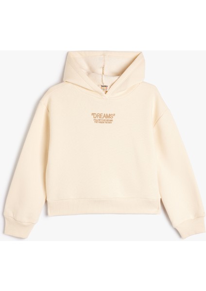 Kız Çocuk Kapşonlu Sweatshirt Uzun Kollu Slogan Işleme Detaylı Düz Renk