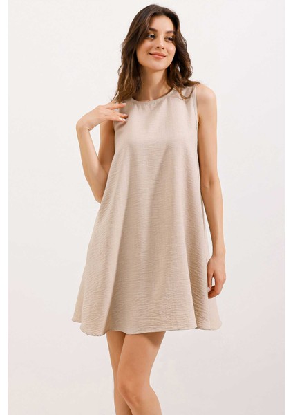 2444 Mini Keten Elbise - Bej