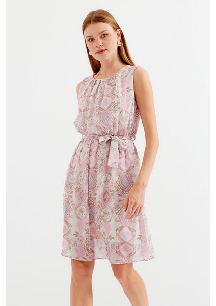 2501 Desenli Sıfır Kol Şifon Elbise - Pembe