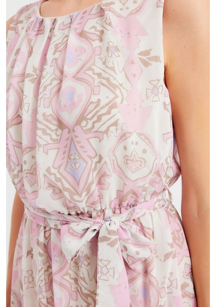 2501 Desenli Sıfır Kol Şifon Elbise - Pembe indirimleri