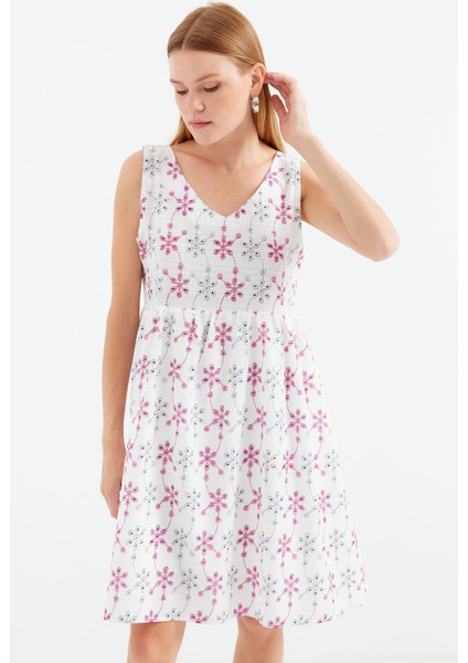 2507 V Yaka Desenli Mini Elbise - Beyaz