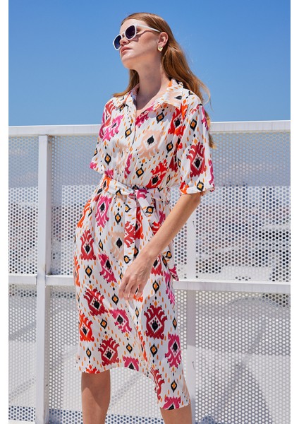 2499 Desenli Viskon Elbise - Ekru