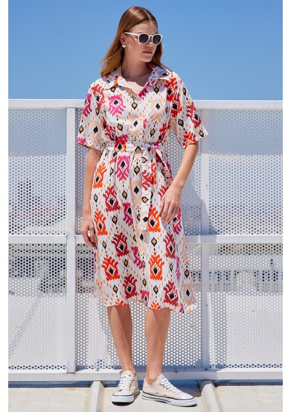 2499 Desenli Viskon Elbise - Ekru fiyatları