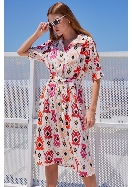 2499 Desenli Viskon Elbise - Ekru fırsatları