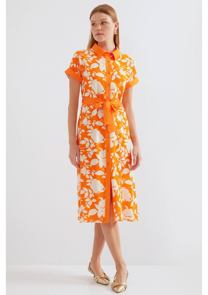 2455 Desenli Gömlek Elbise - Turuncu fiyatları