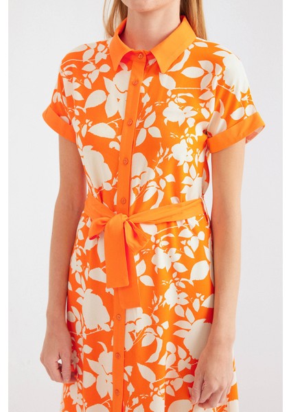 2455 Desenli Gömlek Elbise - Turuncu indirimleri