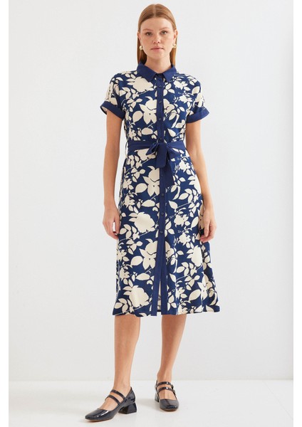 2455 Desenli Gömlek Elbise - Lacivert fiyatları