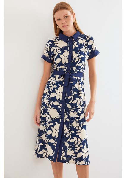 2455 Desenli Gömlek Elbise - Lacivert modelleri