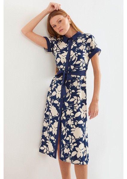 2455 Desenli Gömlek Elbise - Lacivert fırsatları