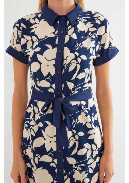 2455 Desenli Gömlek Elbise - Lacivert indirimleri