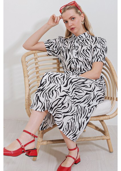 2213 Kısa Kol Viskon Elbise - Siyah