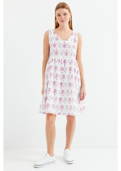 2507 V Yaka Desenli Mini Elbise - Beyaz indirimleri