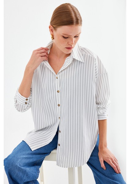 20208 Çizgili Oversize Uzun Basic Gömlek - Beyaz