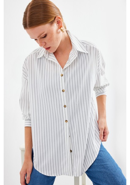 20208 Çizgili Oversize Uzun Basic Gömlek - Beyaz
