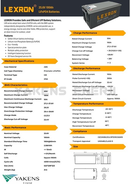 100AH 25.6V Lifepo4 Pil Lityum Akü Lexron
