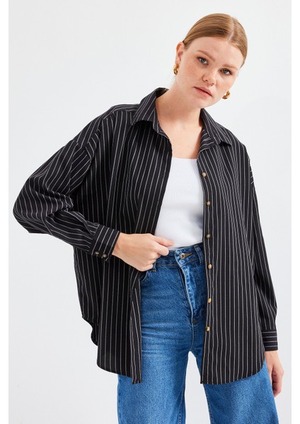 20208 Çizgili Oversize Uzun Basic Gömlek - Siyah