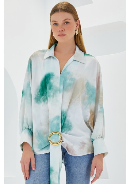Kadın Yeşil Ekru Oversize Dökümlü Saten Gömlek 907