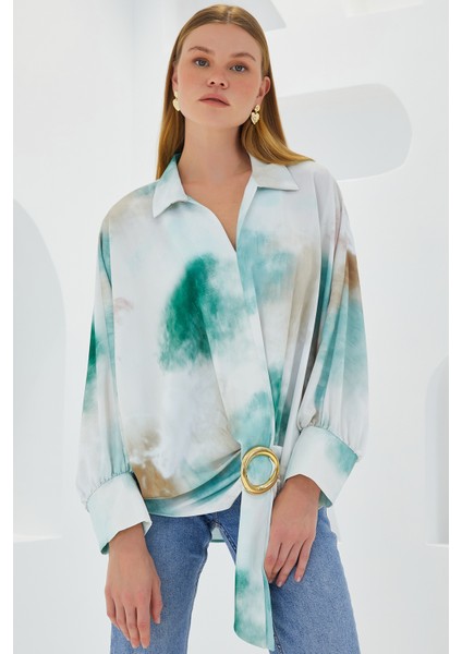 Kadın Yeşil Ekru Oversize Dökümlü Saten Gömlek 907 fiyatları