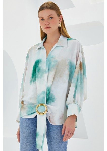 Kadın Yeşil Ekru Oversize Dökümlü Saten Gömlek 907 modelleri