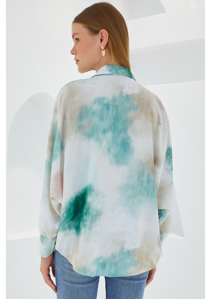 Kadın Yeşil Ekru Oversize Dökümlü Saten Gömlek 907 indirimleri