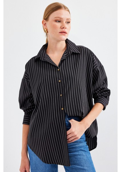 20208 Çizgili Oversize Uzun Basic Gömlek - Siyah modelleri