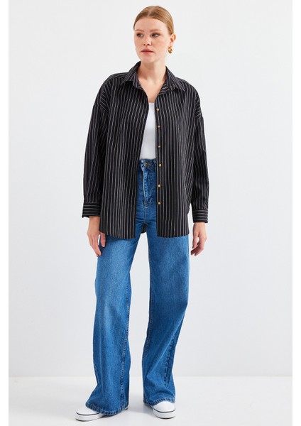 20208 Çizgili Oversize Uzun Basic Gömlek - Siyah fırsatları