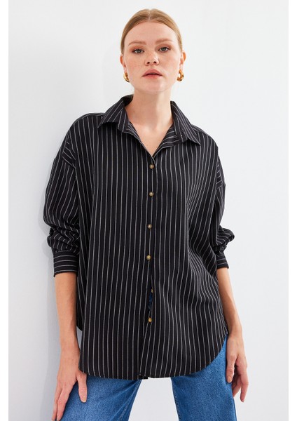 20208 Çizgili Oversize Uzun Basic Gömlek - Siyah indirimleri