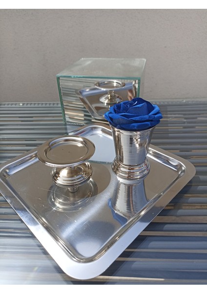 Sunum Tepsisi 21*21/ Lokumluk/gül Kovası/ Mavi Kadife Gül Set -(Söz, Nişan ,isteme,kahve Sunum)