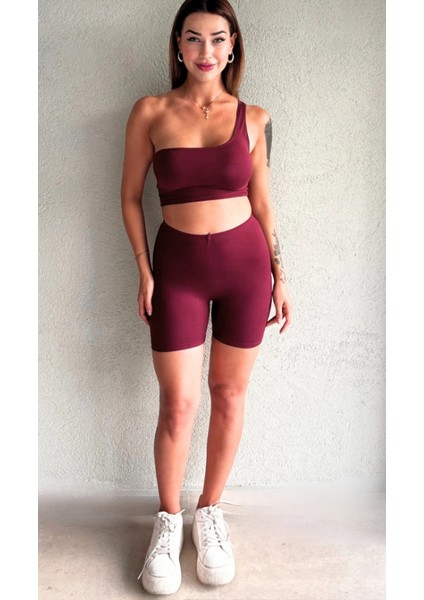 Kadın Bordo Tek Omuz Detaylı Şort Crop Takım